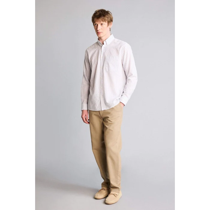 Defacto H3617AXBE177 Mavi Polo Yaka Çizgili Uzun Kollu Gömlek