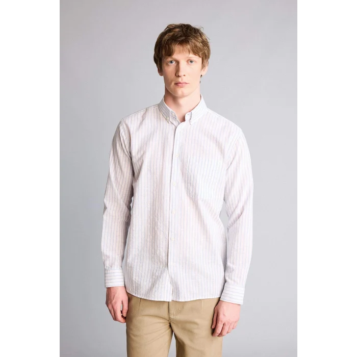 Defacto H3617AXBE177 Mavi Polo Yaka Çizgili Uzun Kollu Gömlek