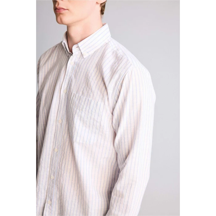 Defacto H3617AXBE177 Mavi Polo Yaka Çizgili Uzun Kollu Gömlek