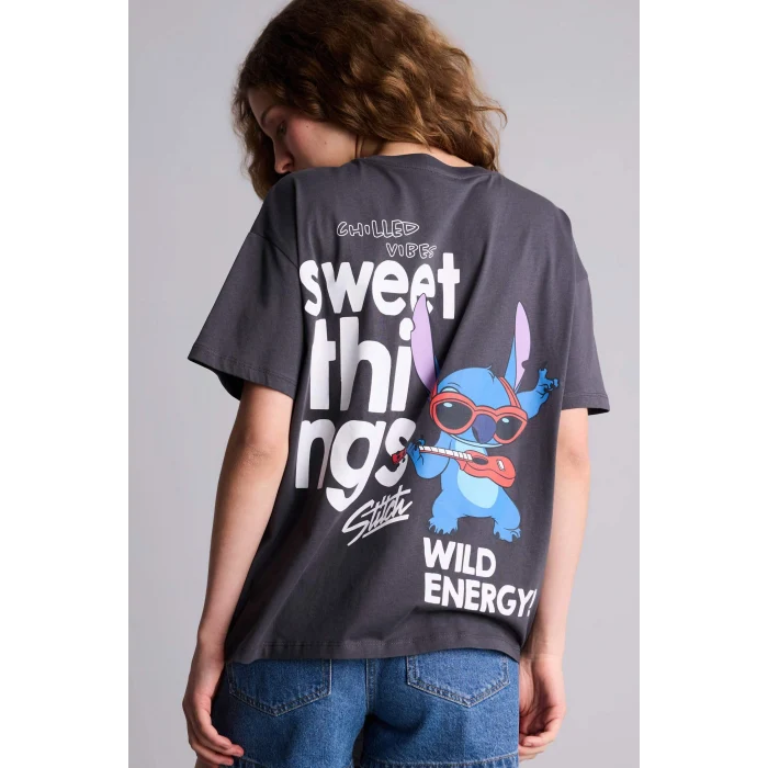 Defacto H0265AXAR191 Antrasit Dısney Lılo & Stıtch Oversıze Sırt Baskılı Tişört