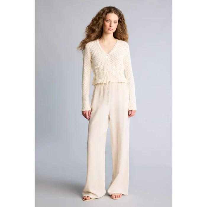 Defacto F5024AXBG155 Bej Wıde Leg Cepli Yüksek Bel Keten Karışımlı Pantolon