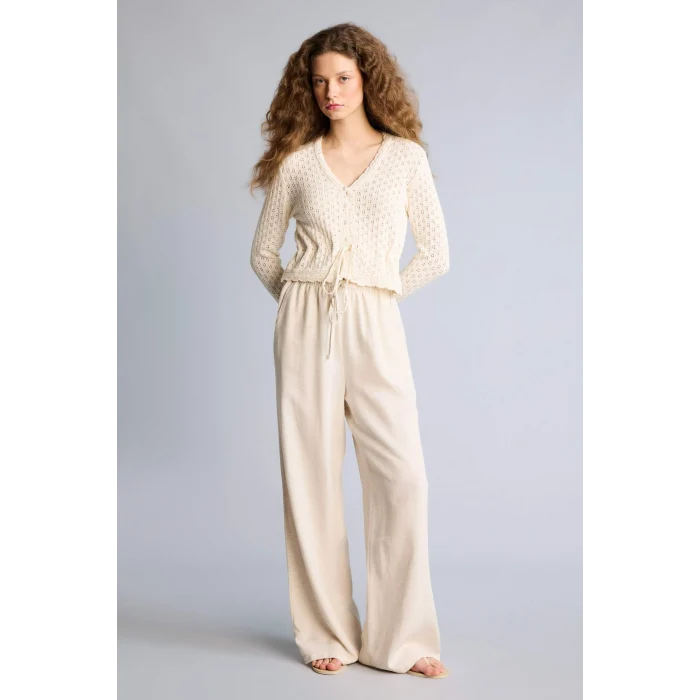 Defacto F5024AXBG155 Bej Wıde Leg Cepli Yüksek Bel Keten Karışımlı Pantolon