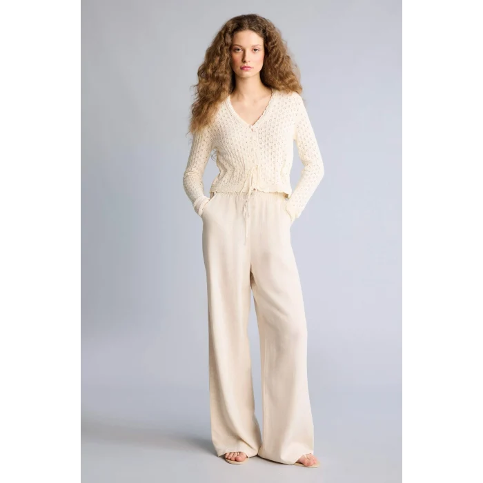 Defacto F5024AXBG155 Bej Wıde Leg Cepli Yüksek Bel Keten Karışımlı Pantolon