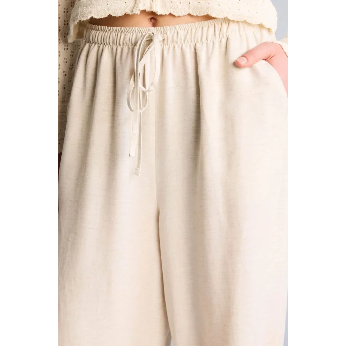 Defacto F5024AXBG155 Bej Wıde Leg Cepli Yüksek Bel Keten Karışımlı Pantolon