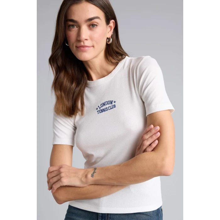 Defacto H2357AXER105 Ekru Slım Fıt Nakışlı Fitilli Kaşkorse Tişört