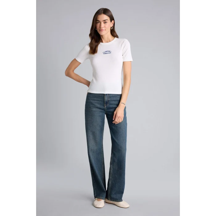 Defacto H2357AXER105 Ekru Slım Fıt Nakışlı Fitilli Kaşkorse Tişört