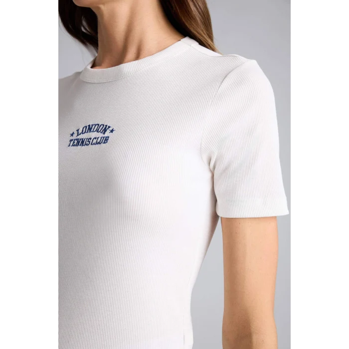 Defacto H2357AXER105 Ekru Slım Fıt Nakışlı Fitilli Kaşkorse Tişört