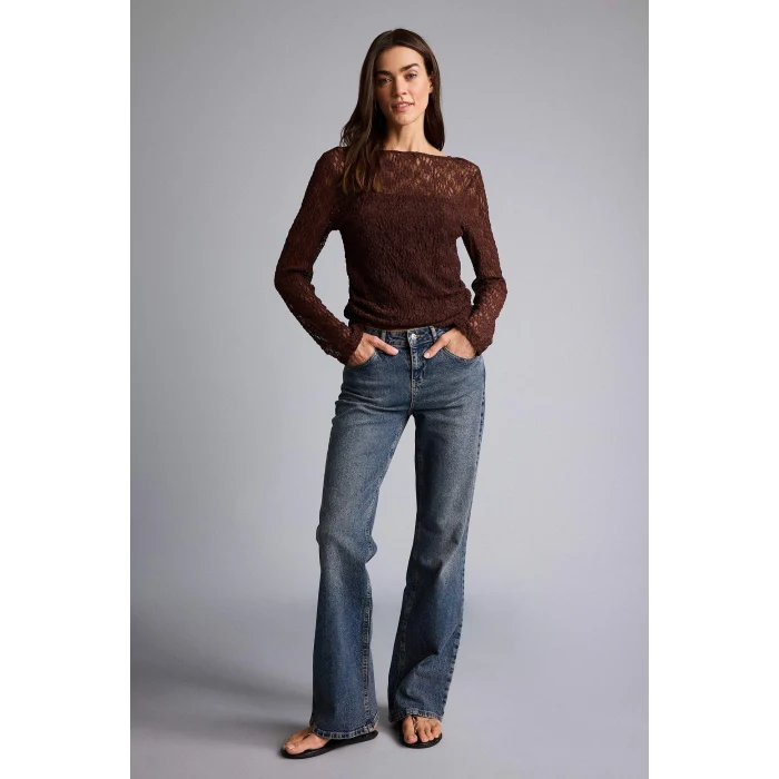 Defacto G1743AXBN334 Kahve Fıtted Kayık Yaka Dantel Uzun Kollu Bluz
