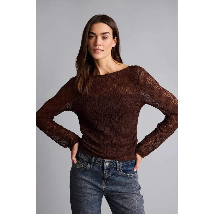 Defacto G1743AXBN334 Kahve Fıtted Kayık Yaka Dantel Uzun Kollu Bluz