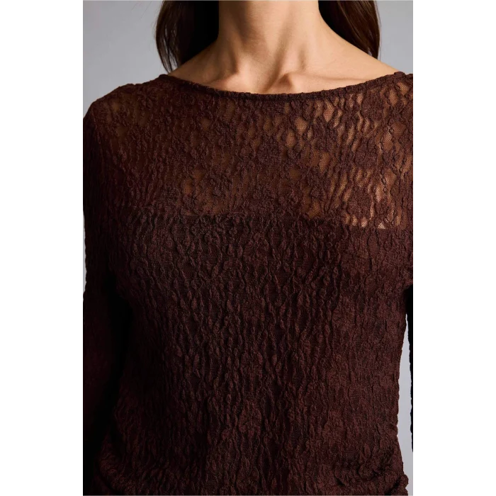 Defacto G1743AXBN334 Kahve Fıtted Kayık Yaka Dantel Uzun Kollu Bluz