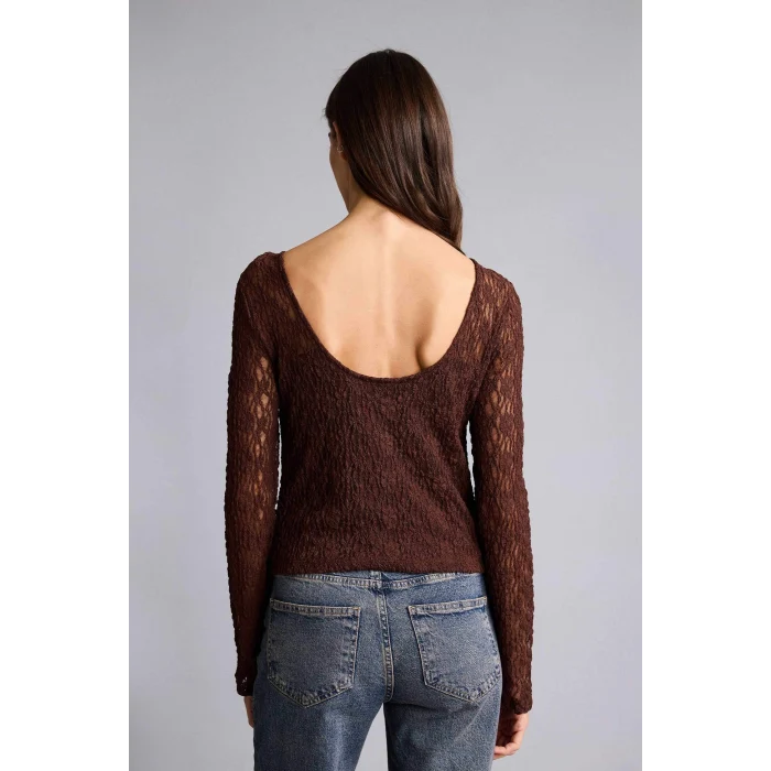 Defacto G1743AXBN334 Kahve Fıtted Kayık Yaka Dantel Uzun Kollu Bluz