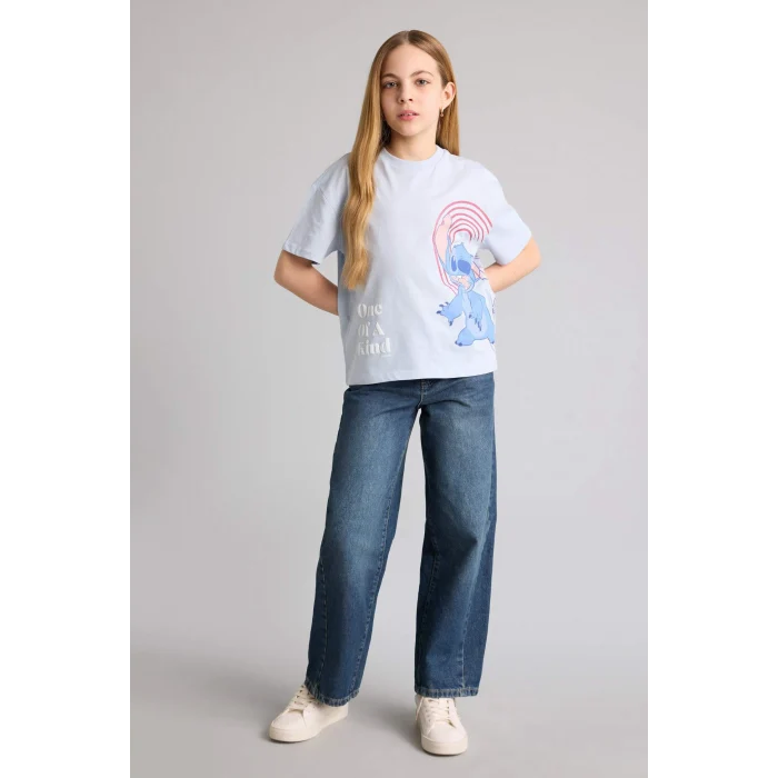 Defacto G8170A8BE216 Mavi Dısney Lılo & Stıtch Relax Fıt Bisiklet Yaka Kısa Kollu Tişört Kız Çocuk