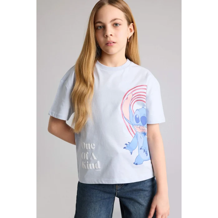 Defacto G8170A8BE216 Mavi Dısney Lılo & Stıtch Relax Fıt Bisiklet Yaka Kısa Kollu Tişört Kız Çocuk