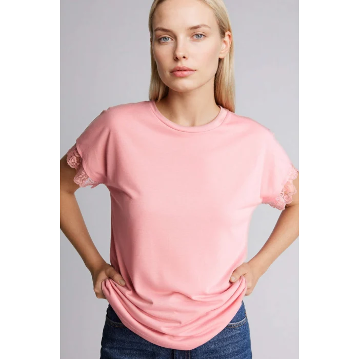 Defacto H0576AXPN111 Pembe Bisiklet Yaka Kısa Kollu Tişört