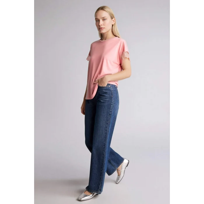 Defacto H0576AXPN111 Pembe Bisiklet Yaka Kısa Kollu Tişört