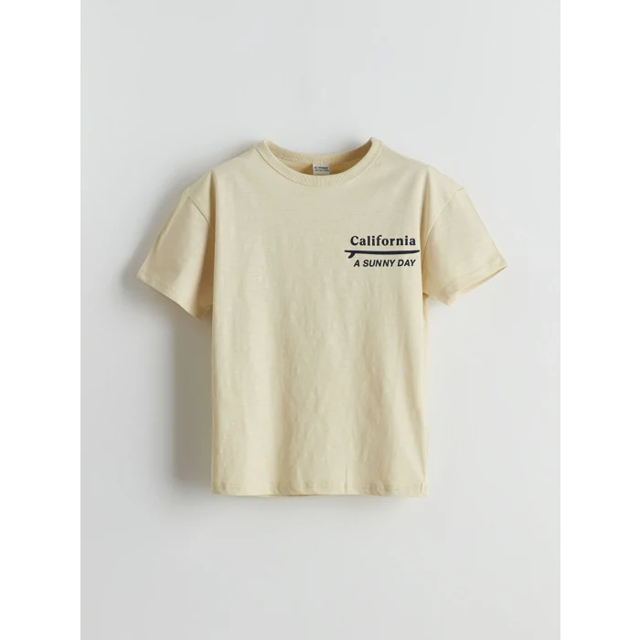 LCW Kids Bej Bisiklet Yaka California Baskılı Erkek Çocuk Tişört