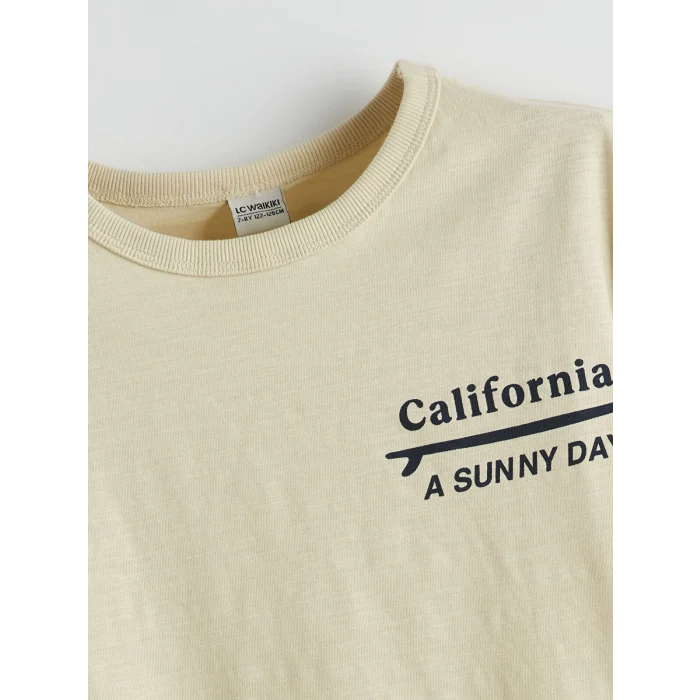 LCW Kids Bej Bisiklet Yaka California Baskılı Erkek Çocuk Tişört