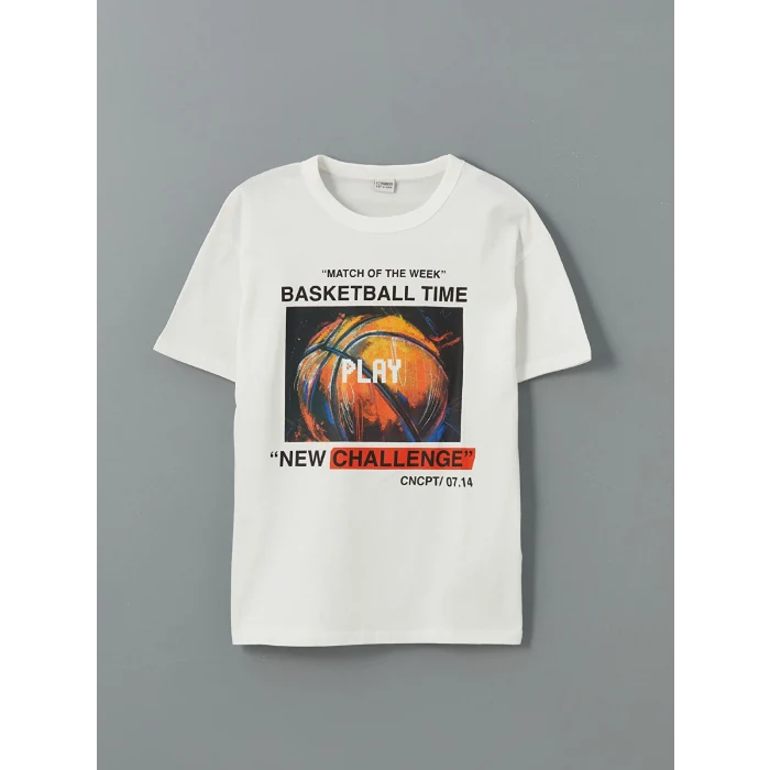 LCW Kids Ekru Bisiklet Yaka Erkek Çocuk Tişört