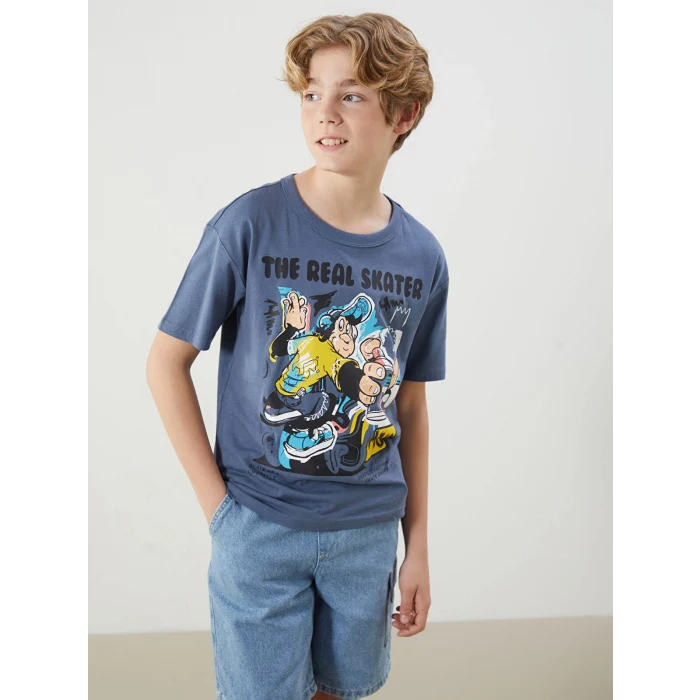 LCW Kids Mavi Bisiklet Yaka Nostaljik Maymun Baskılı Kısa Kollu Erkek Çocuk Tişört