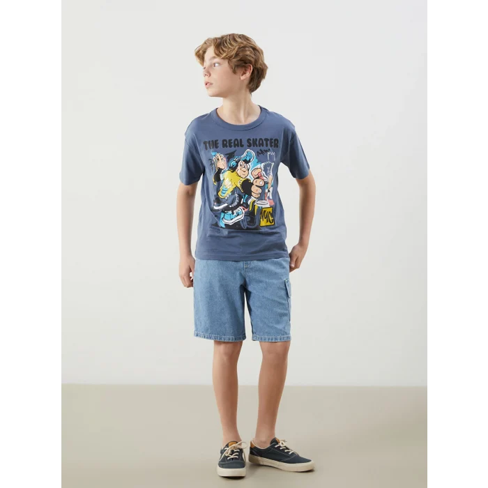 LCW Kids Mavi Bisiklet Yaka Nostaljik Maymun Baskılı Kısa Kollu Erkek Çocuk Tişört