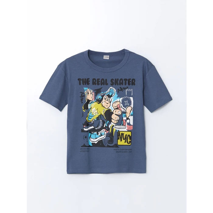 LCW Kids Mavi Bisiklet Yaka Nostaljik Maymun Baskılı Kısa Kollu Erkek Çocuk Tişört