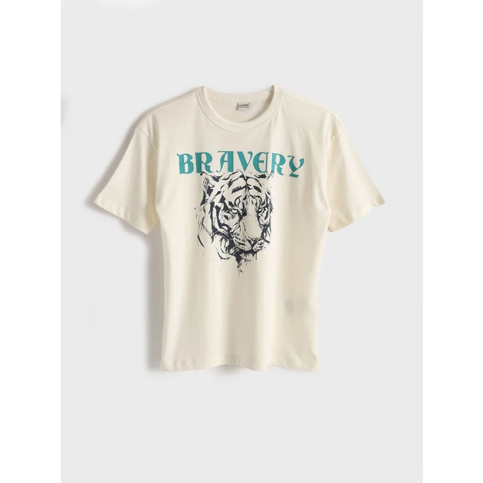 LCW Kids Ekru Bisiklet Yaka Baskılı Kısa Kollu Erkek Çocuk Tişört