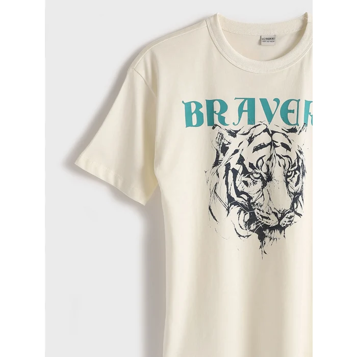 LCW Kids Ekru Bisiklet Yaka Baskılı Kısa Kollu Erkek Çocuk Tişört