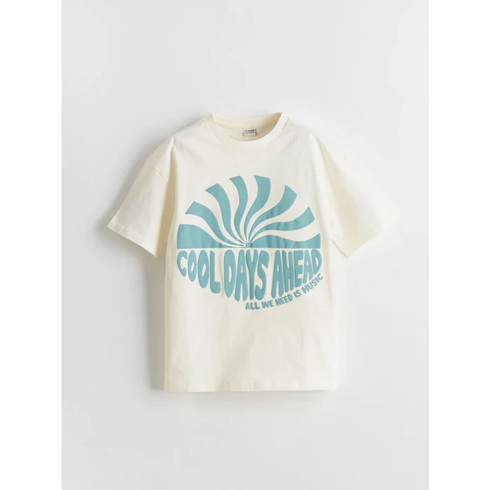 LCW Kids Ekru Bisiklet Yaka Baskılı Penye Kabartmalı Erkek Çocuk Tişört