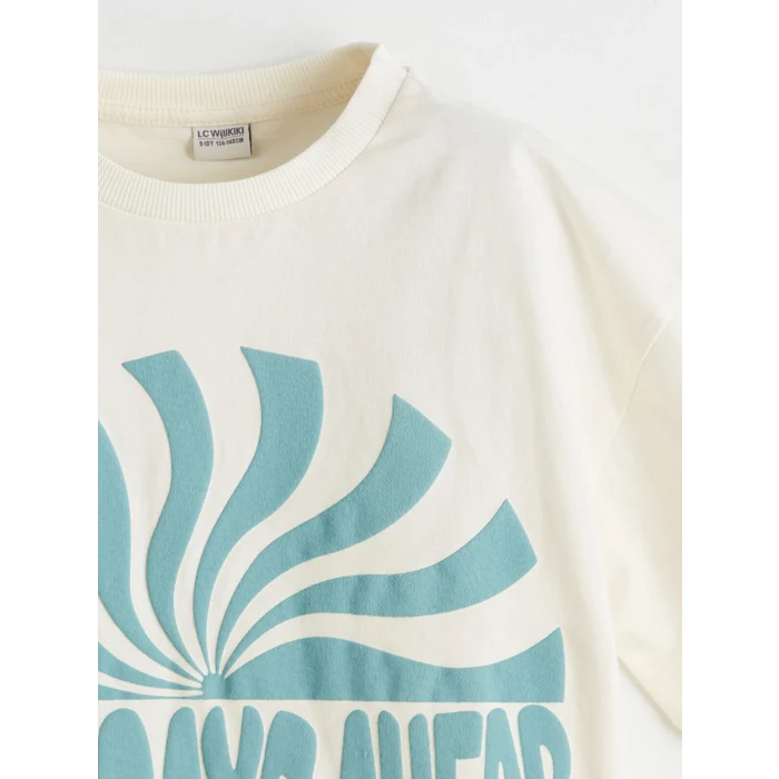 LCW Kids Ekru Bisiklet Yaka Baskılı Penye Kabartmalı Erkek Çocuk Tişört