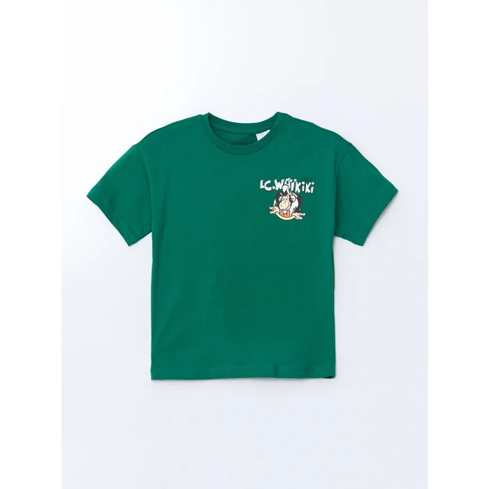 LCW Kids Yeşil Bisiklet Yaka Nostaljik Maymun Baskılı Penye Erkek Çocuk Tişört