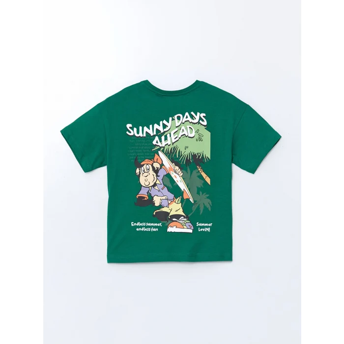 LCW Kids Yeşil Bisiklet Yaka Nostaljik Maymun Baskılı Penye Erkek Çocuk Tişört