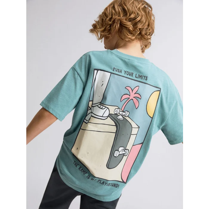 LCW Kids Yeşil Bisiklet Yaka Oversize Erkek Çocuk Tişört