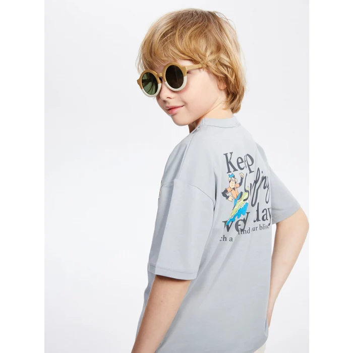 LCW Kids Gri Bisiklet Yaka Nostaljik Maymun Baskılı Erkek Çocuk Tişört