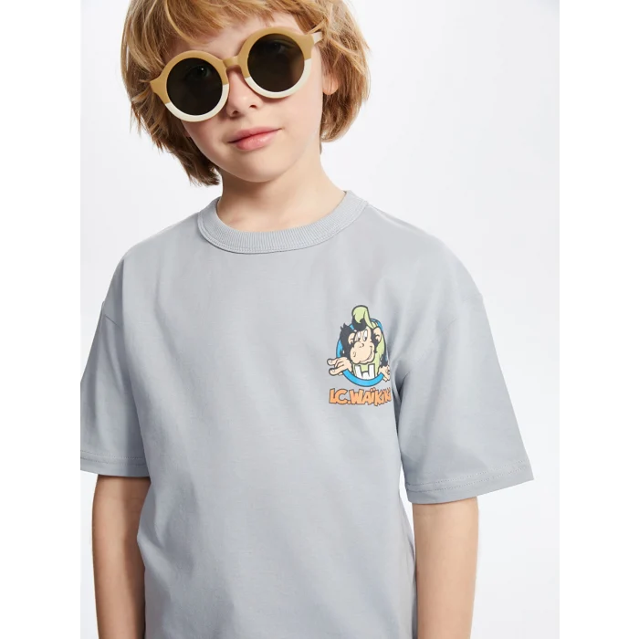 LCW Kids Gri Bisiklet Yaka Nostaljik Maymun Baskılı Erkek Çocuk Tişört