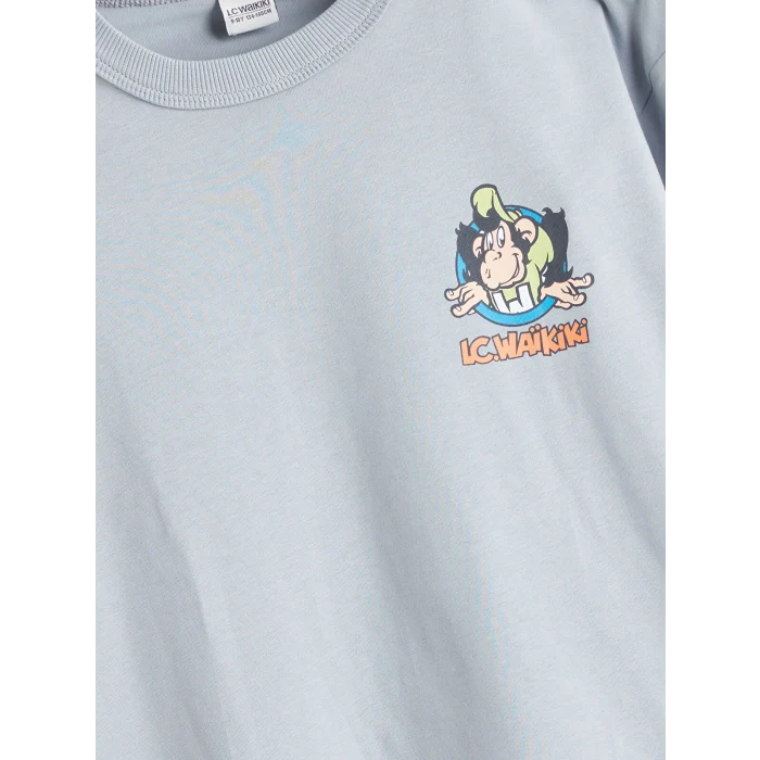 LCW Kids Gri Bisiklet Yaka Nostaljik Maymun Baskılı Erkek Çocuk Tişört