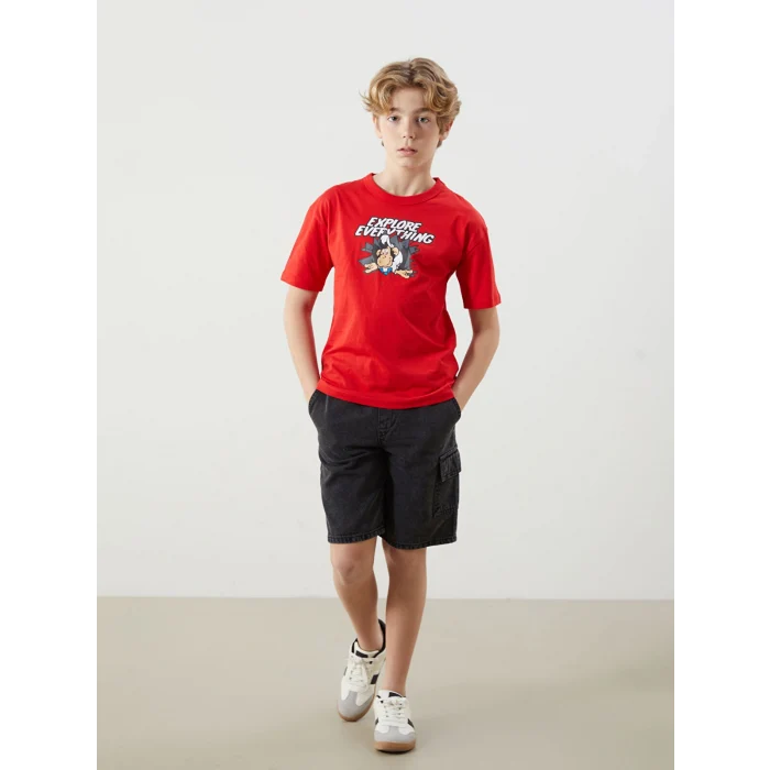 LCW Kids Kırmızı Bisiklet Yaka Nostaljik Maymun Baskılı Erkek Çocuk Tişört