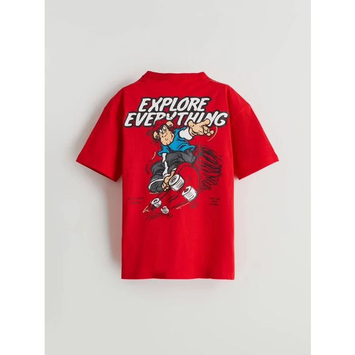 LCW Kids Kırmızı Bisiklet Yaka Nostaljik Maymun Baskılı Erkek Çocuk Tişört