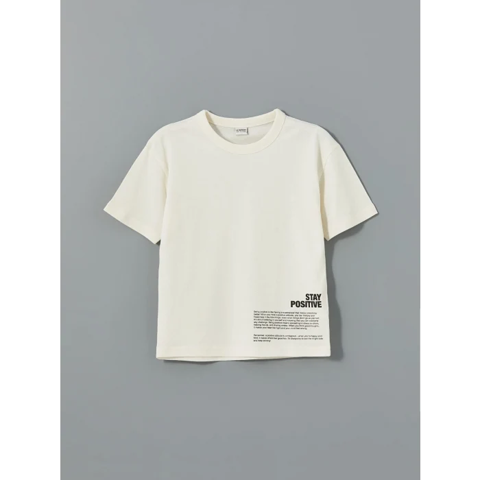 LCW Kids Ekru Bisiklet Yaka Yazı Baskılı Erkek Çocuk Tişört