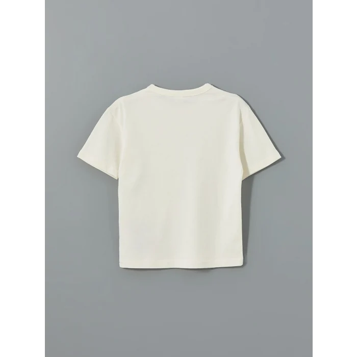 LCW Kids Ekru Bisiklet Yaka Yazı Baskılı Erkek Çocuk Tişört