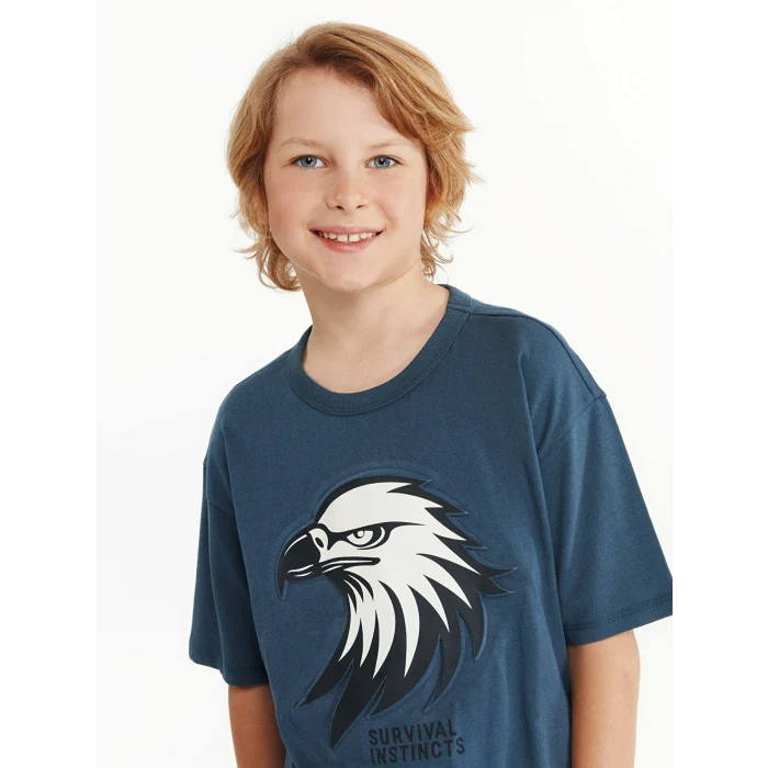 LCW Kids İndigo Bisiklet Yaka Baskılı Penye Erkek Çocuk Tişört