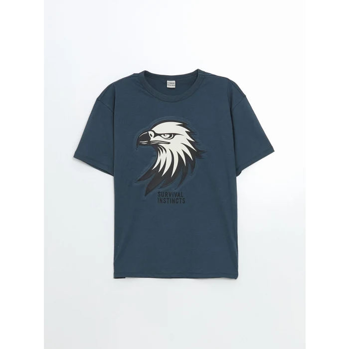 LCW Kids İndigo Bisiklet Yaka Baskılı Penye Erkek Çocuk Tişört