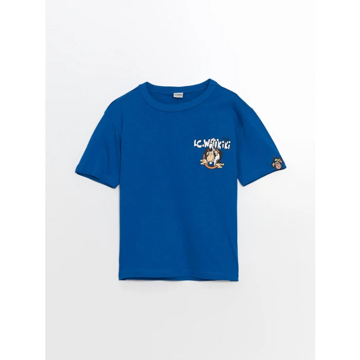 LCW Kids Mavi Bisiklet Yaka Nostaljik Maymun Baskılı Erkek Çocuk Tişört