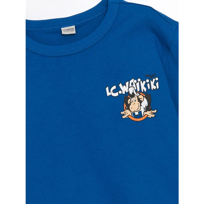 LCW Kids Mavi Bisiklet Yaka Nostaljik Maymun Baskılı Erkek Çocuk Tişört