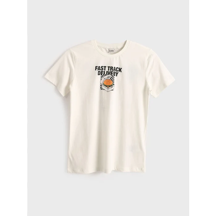 LCW Kids Ekru Bisiklet Yaka Erkek Çocuk Tişört