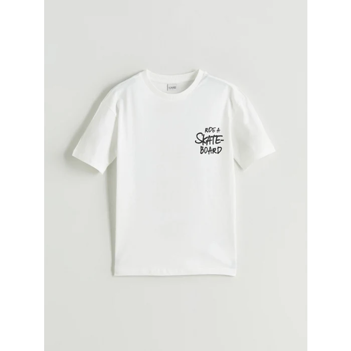 LCW Kids Ekru Bisiklet Yaka Baskılı Erkek Çocuk Tişört