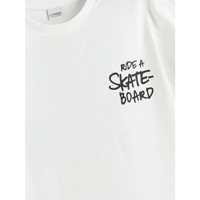 LCW Kids Ekru Bisiklet Yaka Baskılı Erkek Çocuk Tişört