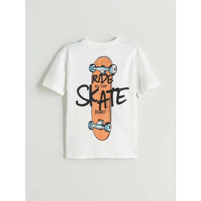 LCW Kids Ekru Bisiklet Yaka Baskılı Erkek Çocuk Tişört