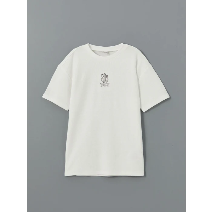 LCW Kids Ekru Bisiklet Yaka Erkek Çocuk Tişört