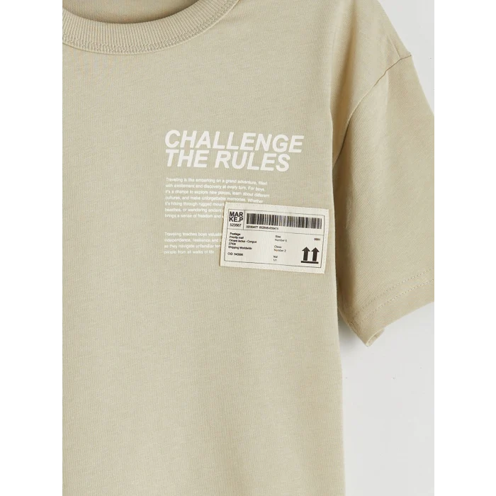 LCW Kids Haki Bisiklet Yaka Yazı Baskılı Erkek Çocuk Tişört