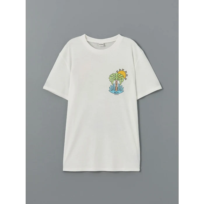 LCW Kids Ekru Bisiklet Yaka Baskılı Penye Erkek Çocuk Tişört